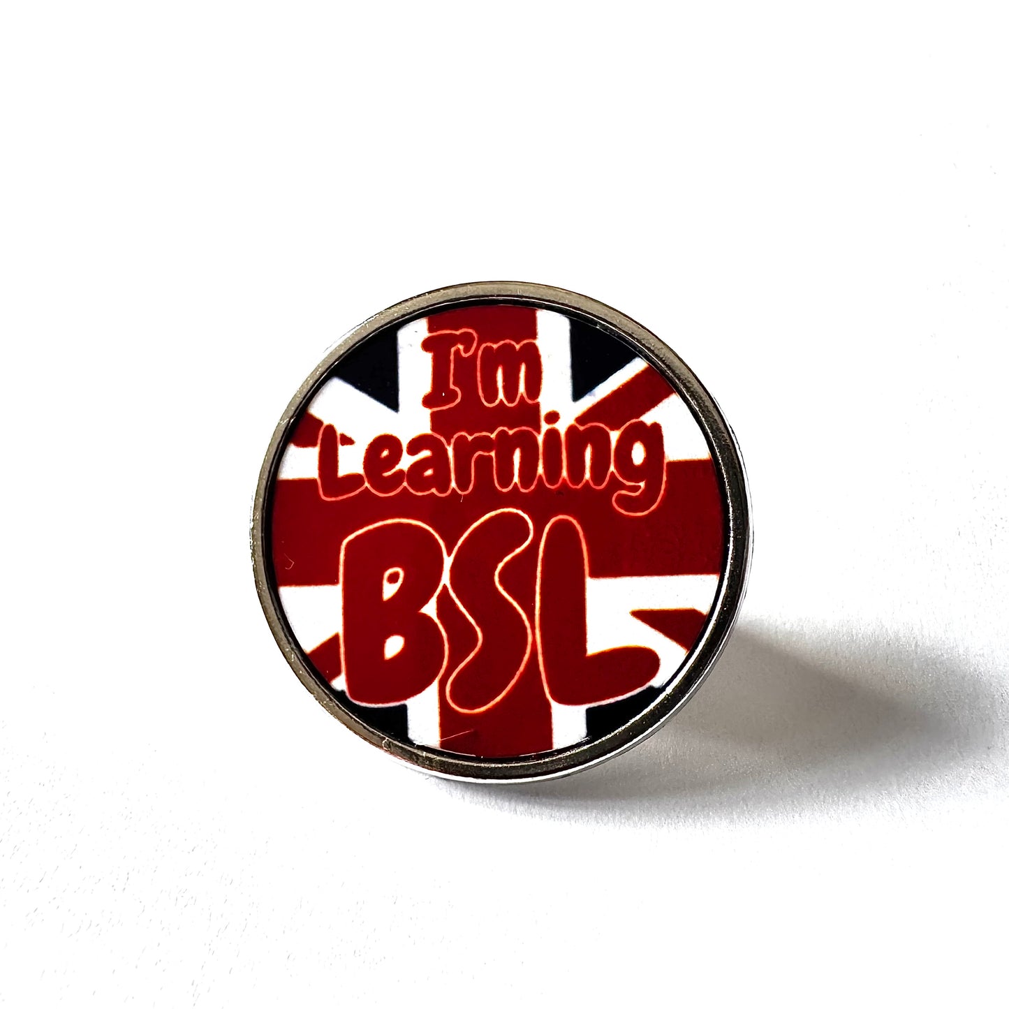 ‘I’m Learning BSL’ Union Jack British, Sign Language Badge - Red Text