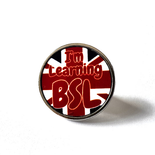 ‘I’m Learning BSL’ Union Jack British, Sign Language Badge - Red Text