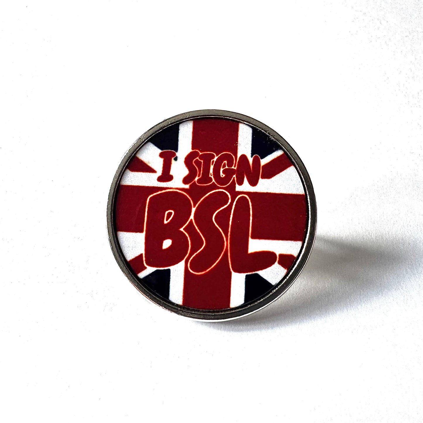 ‘I Sign BSL’ Union Jack British, Sign Language Badge - Red Text