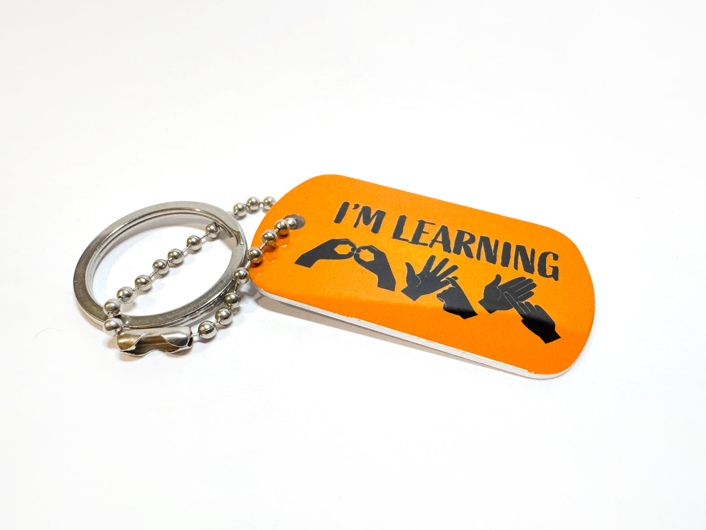 "I'm Learning BSL" Fingerspelled Dog-Tag / Keyring - Yellow